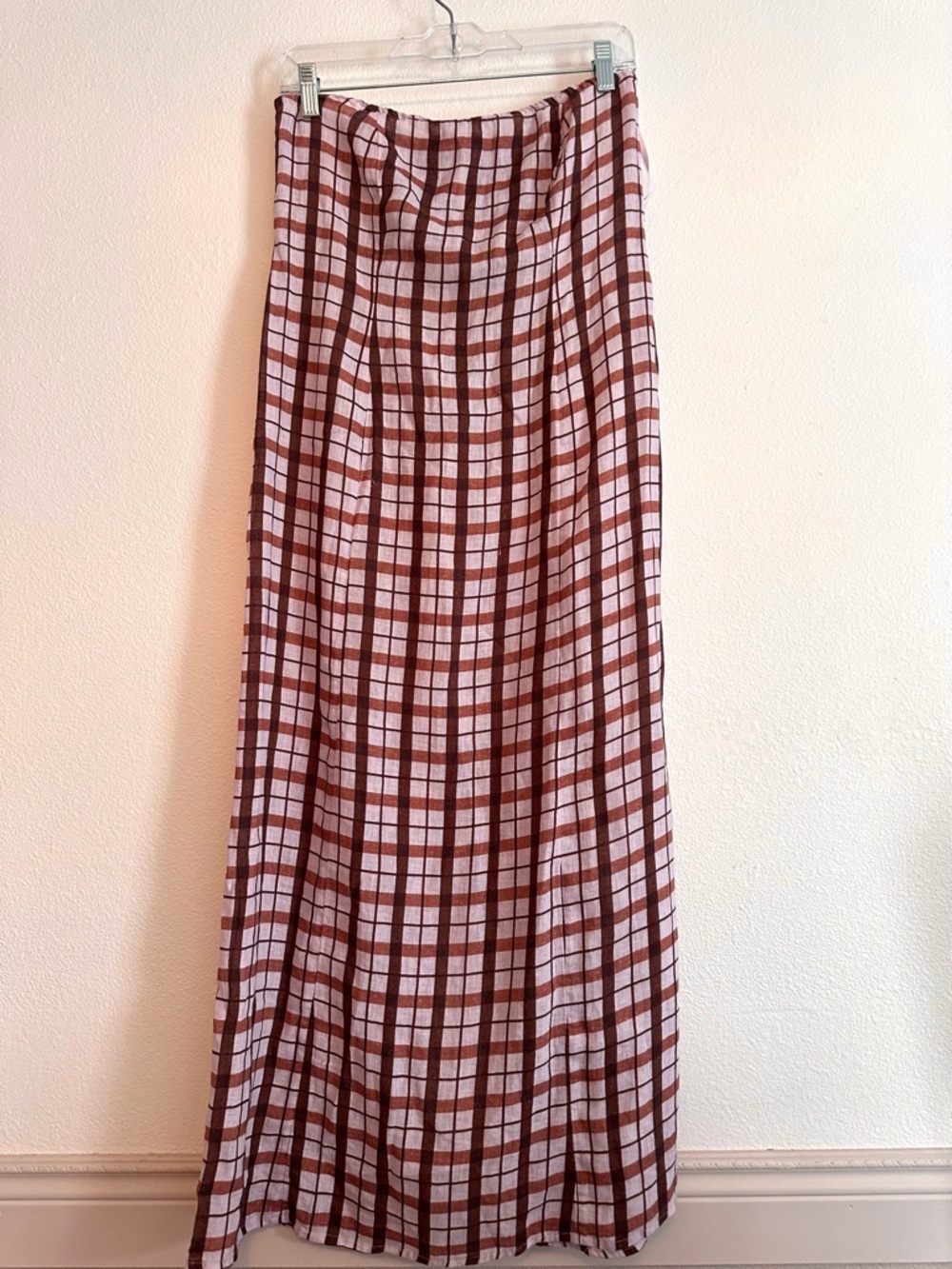 Anthropologie Linen Strapless Aliza Plaid Smocked Dress S M pink brown crème - Picture 2 of 9